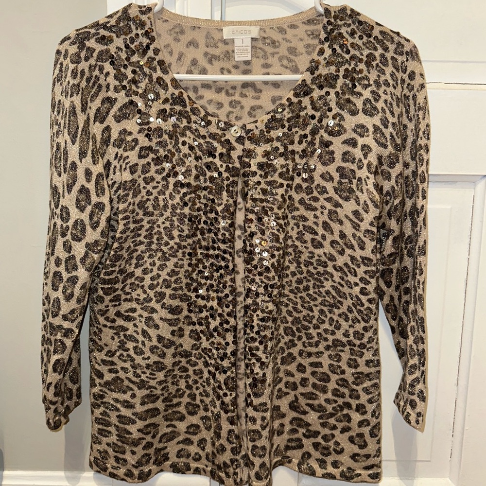 Chico's Beige and Brown Leopard Print Sequin Cardigan